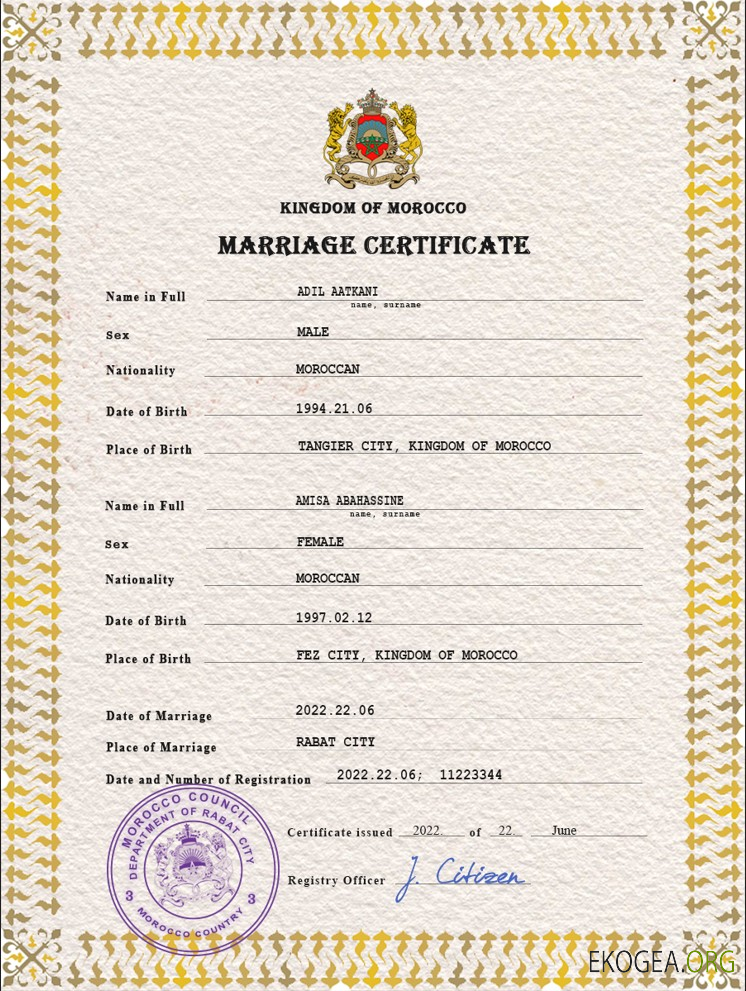 Modèle PSD de certificat de mariage au Maroc